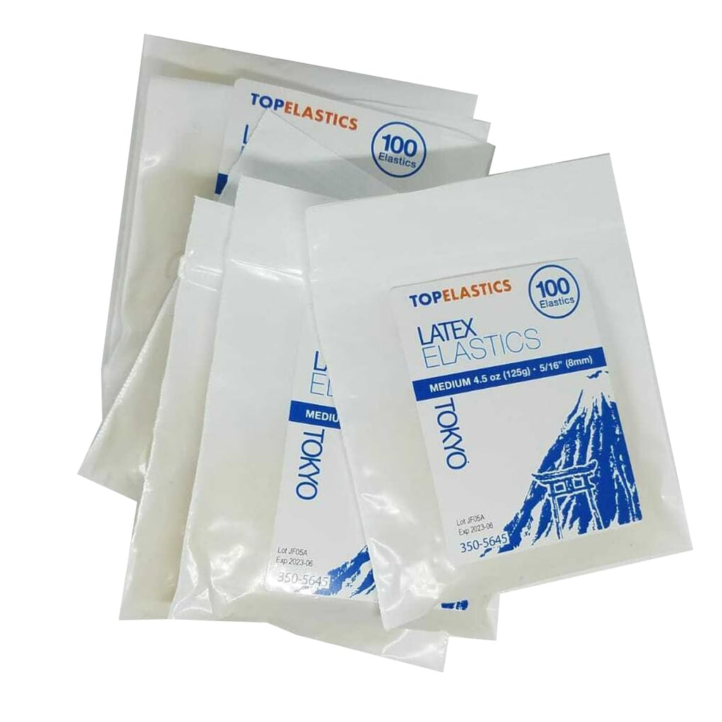 Orthodontic Intraoral Elastic - 50 bag x 100pcs - 5/16" MEDIUM 4.5oz- 8mm / Surgical latex TOKYO, 5000 pcs per box, packaged in resealable poly bags - Made in USA - Orthodentalusa Corp.