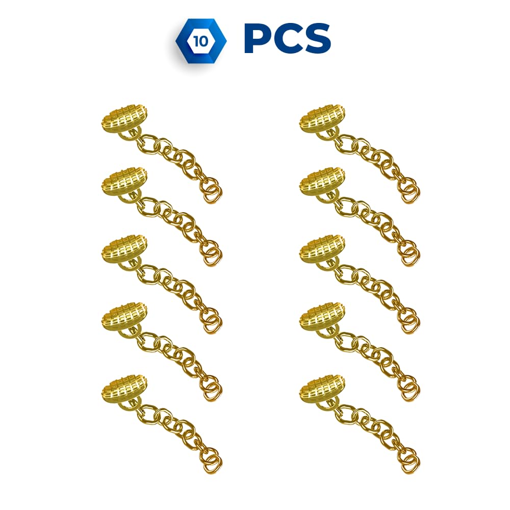 Eruption Appliance Traction Attachments: Buttons with Chain and Eyelets - Traction Chains with Rectangular Buttons (Stainless Steel & Gold Plated) - 10 Units per Pack