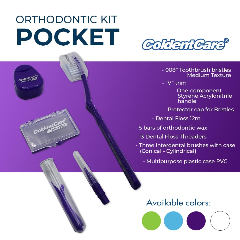 ColdentCare Orthodontic Kit Pocket - Compact and Complete Oral Care Set with Toothbrush, Floss, Wax, Threaders, Interdental Brush, and Case - Available in Clear, Blue, Green, Purple Free Shipping
