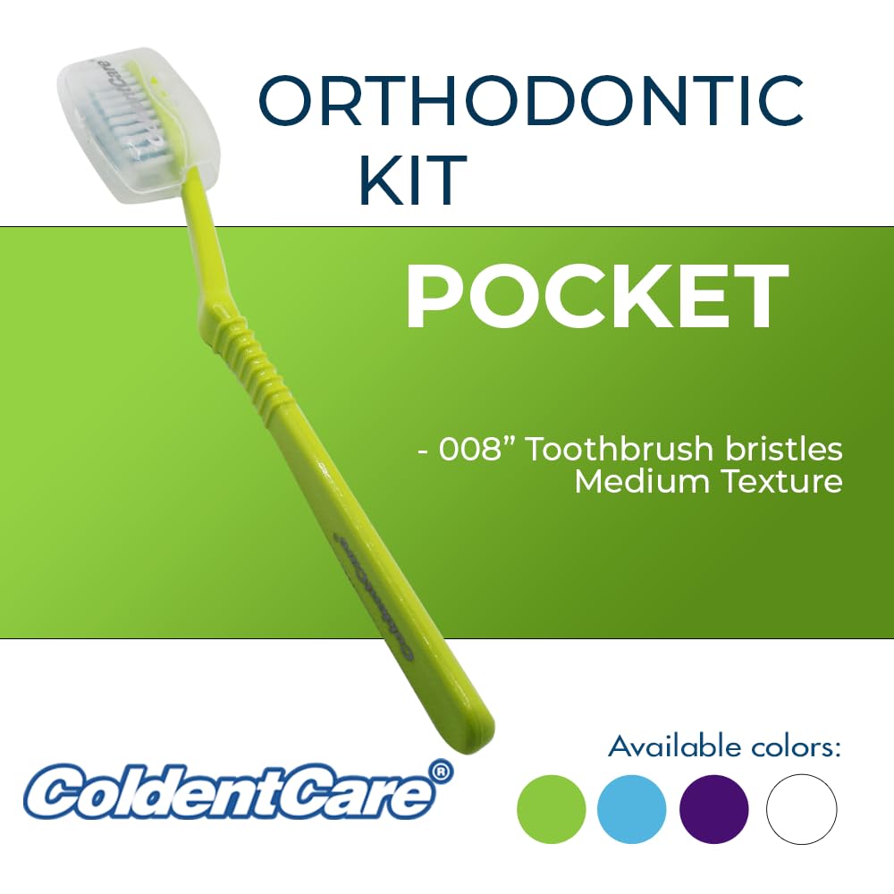 ColdentCare Orthodontic Kit Pocket - Compact and Complete Oral Care Set with Toothbrush, Floss, Wax, Threaders, Interdental Brush, and Case - Available in Clear, Blue, Green, Purple(Green)