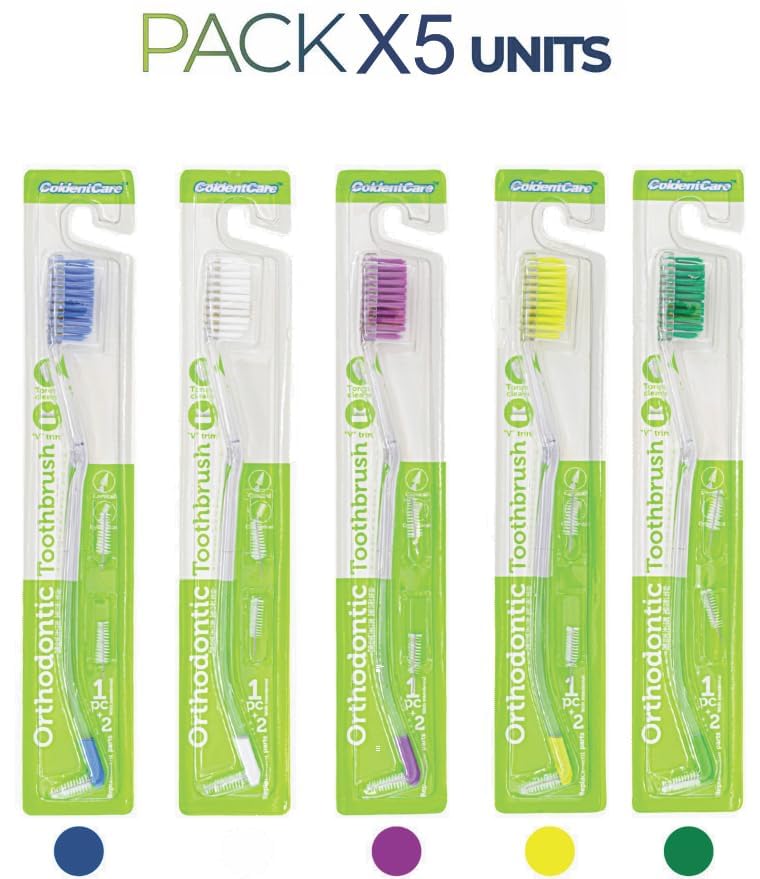 ColdentCare Orthodontic V-Shaped Toothbrush - Medium Bristle, Tongue Cleaner, Interproximal Head Ideal for Ortho Braces Cleaning, Double Extreme Toothbrush,1 Count (Pack of 5)