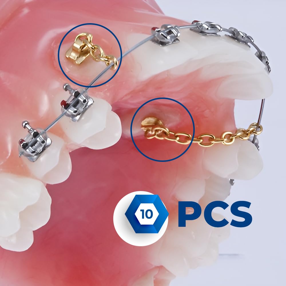 Eruption Appliance Traction Attachments: Buttons with Chain and Eyelets - Traction Chains with Rectangular Buttons (Stainless Steel & Gold Plated) - 10 Units per Pack