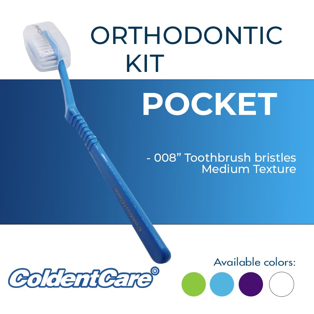 ColdentCare Orthodontic Kit Pocket - Compact and Complete Oral Care Set with Toothbrush, Floss, Wax, Threaders, Interdental Brush, and Case - Available in Clear, Blue, Green, Purple(Blue)