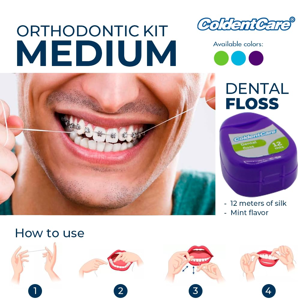 ColdentCare Braces Cleaning Kit for Teeth, Portable Orthodontic Toothbrush Kit Medium Oral Care Dental Travel Kit - Includes 2 Interdental Brush, 5 bars of orthodontic Dental Wax, 1 Dental Floss 12m, 13 Dental Floss Threader Multipurpose plastic case