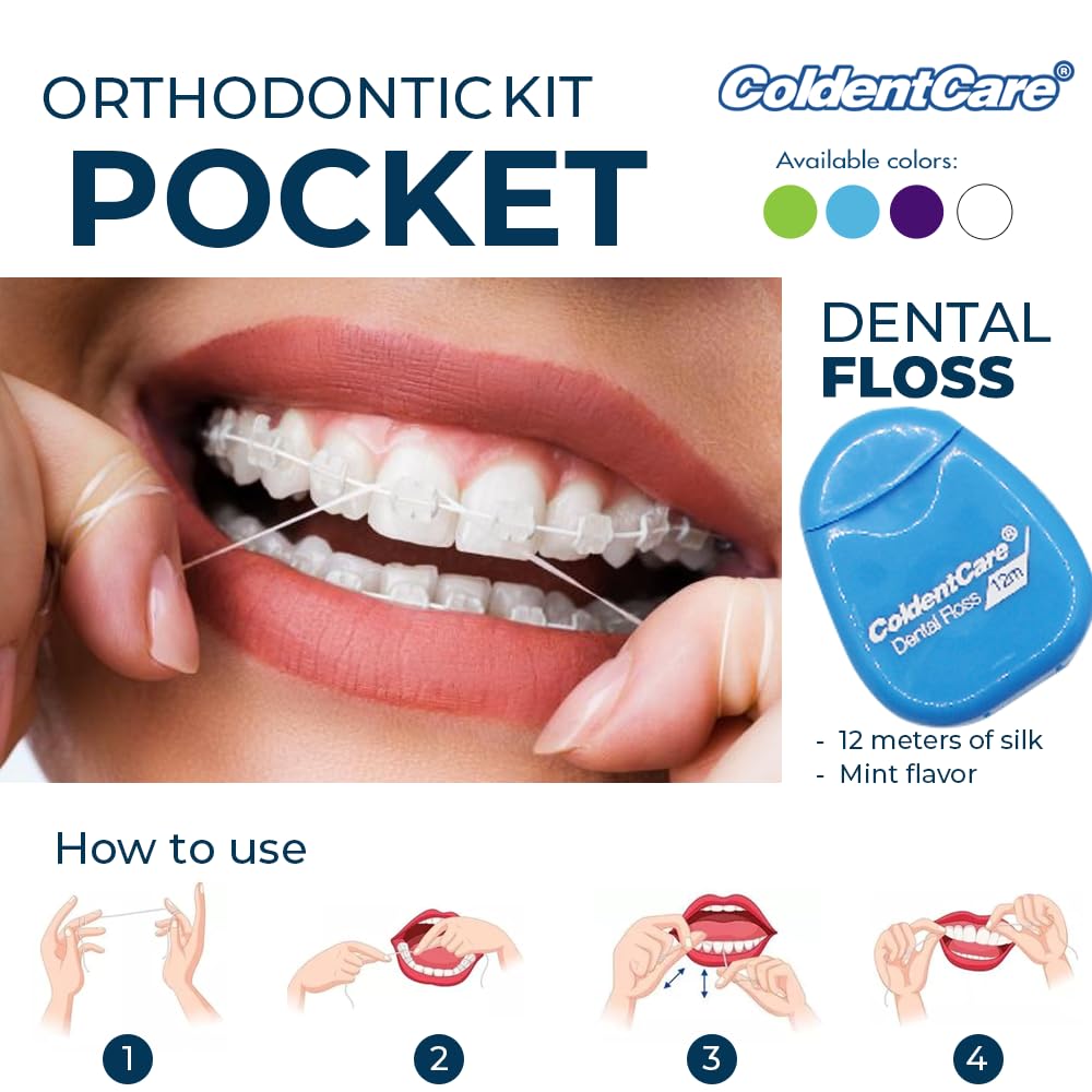 ColdentCare Orthodontic Kit Pocket - Compact and Complete Oral Care Set with Toothbrush, Floss, Wax, Threaders, Interdental Brush, and Case - Available in Clear, Blue, Green, Purple(Blue)