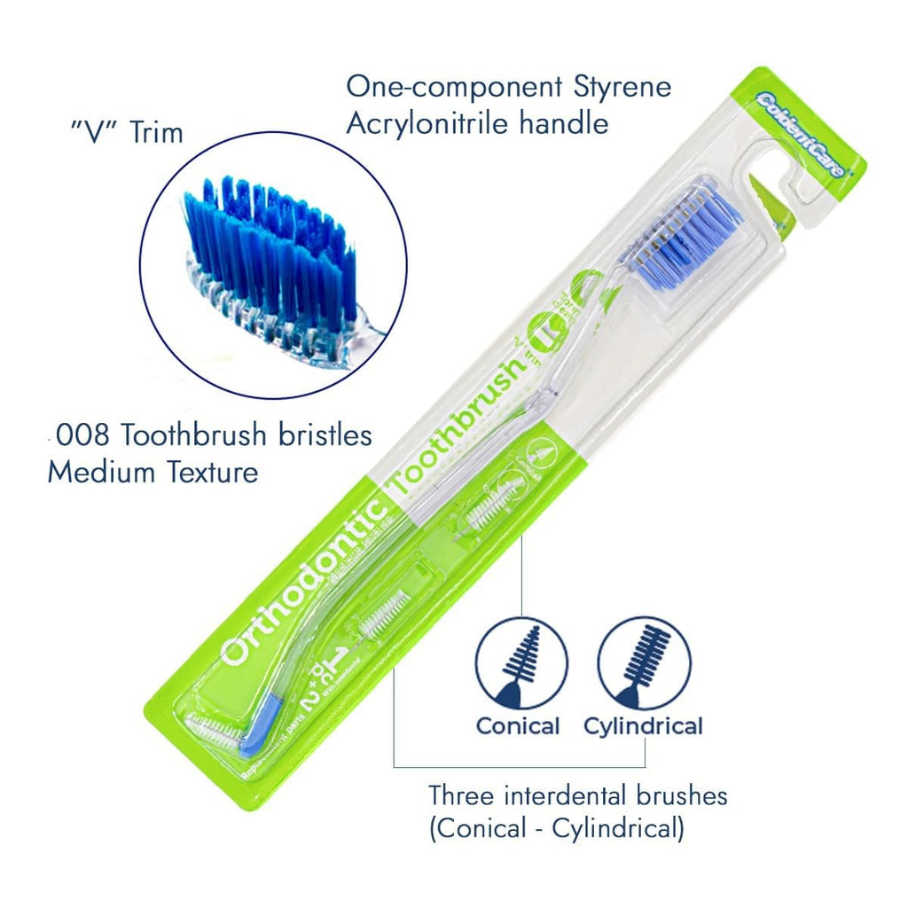 ColdentCare Orthodontic V-Shaped Toothbrush - Medium Bristle, Tongue Cleaner, Interproximal Head Ideal for Ortho Braces Cleaning, Double Extreme Toothbrush,1 Count (Pack of 5)