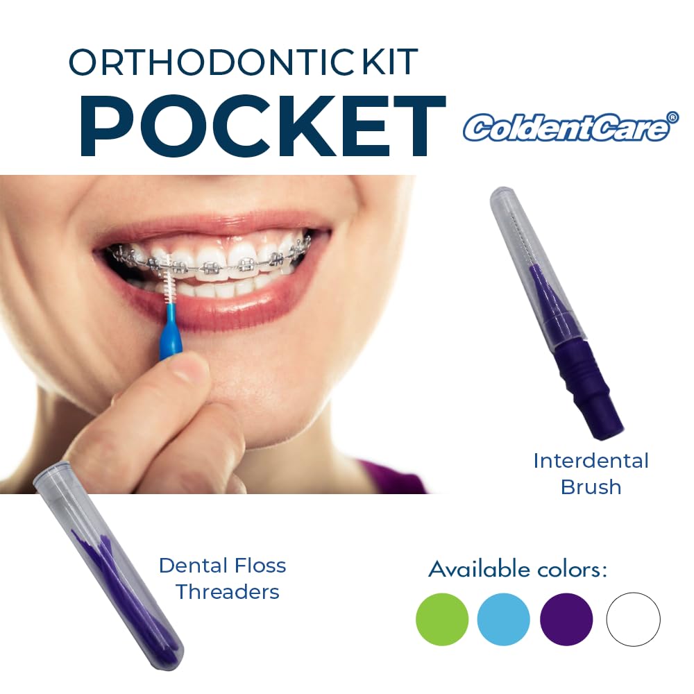 ColdentCare Orthodontic Kit Pocket - Compact and Complete Oral Care Set with Toothbrush, Floss, Wax, Threaders, Interdental Brush, and Case - Available in Clear, Blue, Green, Purple Free Shipping