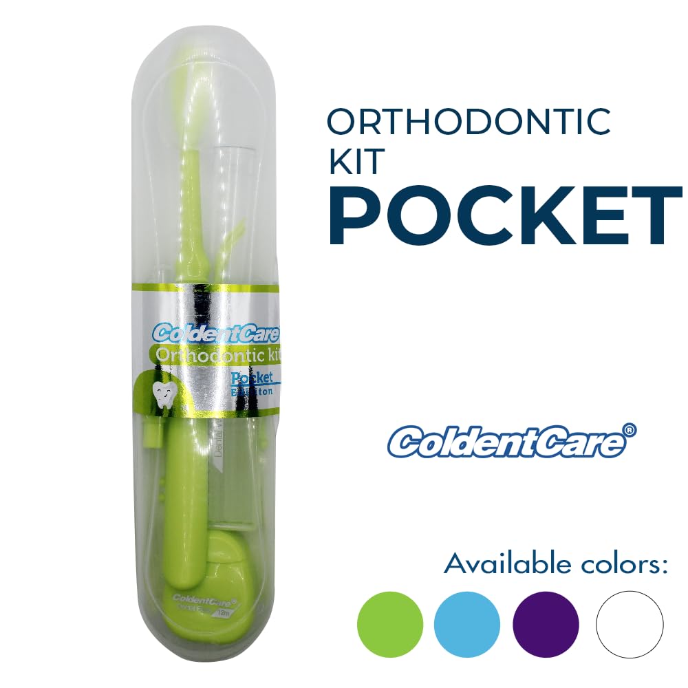 ColdentCare Orthodontic Kit Pocket - Compact and Complete Oral Care Set with Toothbrush, Floss, Wax, Threaders, Interdental Brush, and Case - Available in Clear, Blue, Green, Purple(Green)