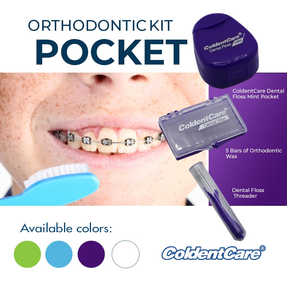 ColdentCare Orthodontic Kit Pocket - Compact and Complete Oral Care Set with Toothbrush, Floss, Wax, Threaders, Interdental Brush, and Case - Available in Clear, Blue, Green, Purple(Purple)