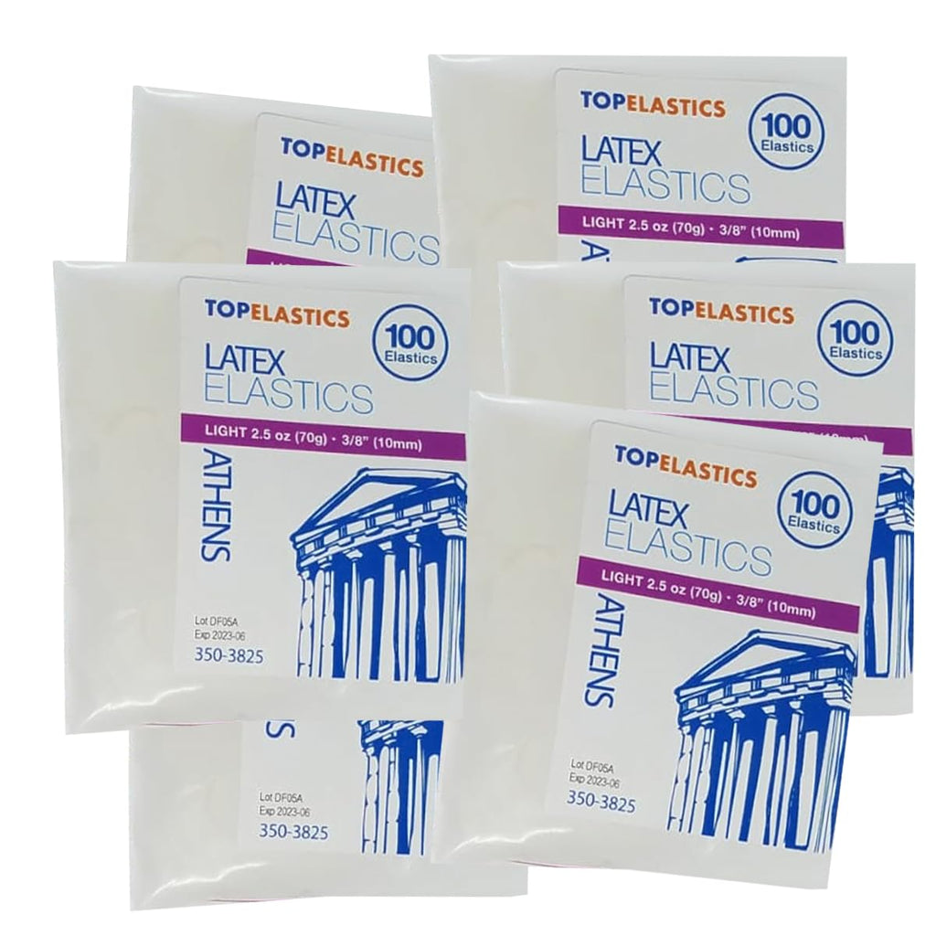 Orthodontic Intraoral Elastic - 50 bag x 100pcs - 3/8" Light 2.5oz - 10mm / Surgical latex ATHENAS, 5000 pcs per box, packaged in resealable poly bags - Made in USA - Orthodentalusa Corp.