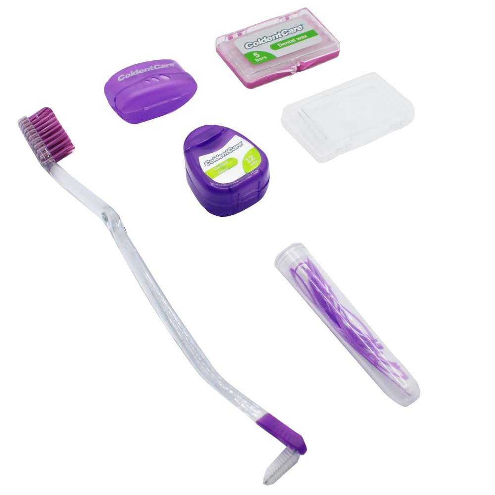 Braces Cleaning Kit for Teeth, Portable Orthodontic Toothbrush Kit Oral Care Dental Travel - 2 Interdental Brush, 5 Bars of Wax, 1 Dental Floss 12m, 13 Dental Floss Threader Multipurpose case(Purple)