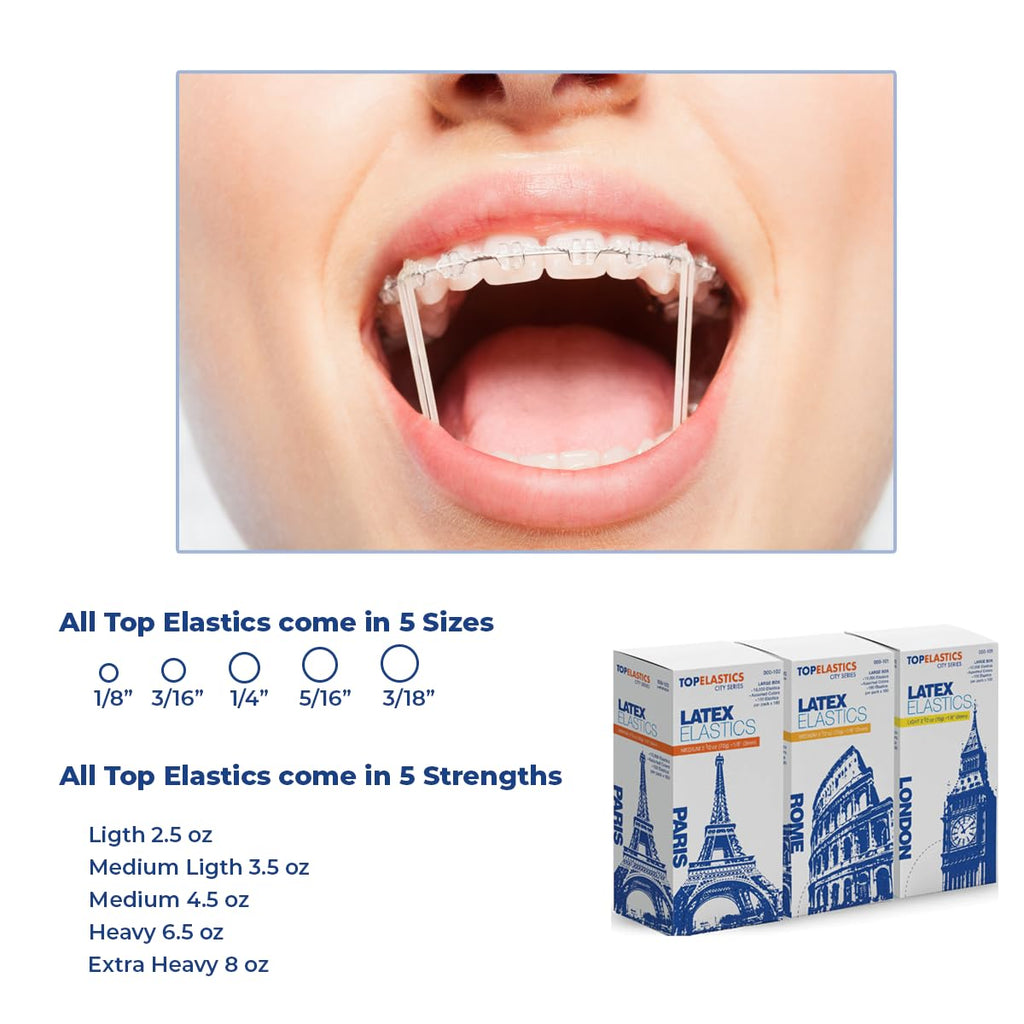 Orthodontic Intraoral Elastic - 50 bag x 100pcs - 3/16" Light 2.5oz - 5mm / Surgical latex BEIJING, 5000 pcs per box, packaged in resealable poly bags - Made in USA - Orthodentalusa Corp.