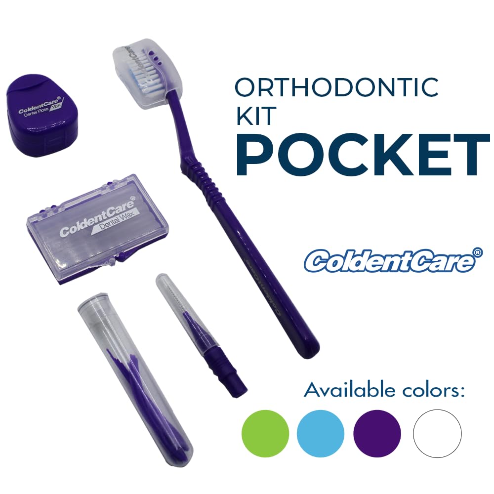 ColdentCare Orthodontic Kit Pocket - Compact and Complete Oral Care Set with Toothbrush, Floss, Wax, Threaders, Interdental Brush, and Case - Available in Clear, Blue, Green, Purple Free Shipping