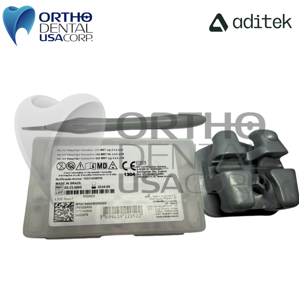 Box CB1 EasyClip+ Interactive 022 MBT w/2 Kits 7×7 Hk 3,4,5 Arch wire 14/18/16×22/17×25 W/8 Upper, Lower 2 packs Aditek 14.00.0114