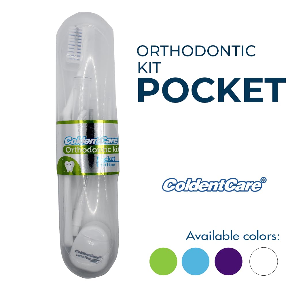 ColdentCare Orthodontic Kit Pocket - Compact and Complete Oral Care Set with Toothbrush, Floss, Wax, Threaders, Interdental Brush, and Case - Available in Clear, Blue, Green, Purple(Clear)