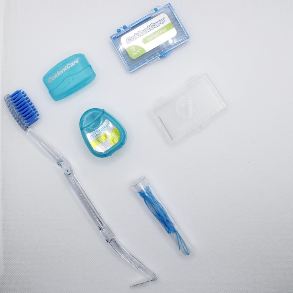 Orthodontic Kit Clear - Oral Care Set with Toothbrush, Protector Cap, Floss 12m, 5 Bars of Wax, 13 Floss Threaders, 3 interdental Brushes with case (Conical - Cylindrical), Case (Blue) Free Shipping