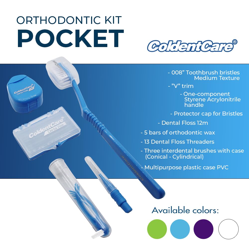 ColdentCare Orthodontic Kit Pocket - Compact and Complete Oral Care Set with Toothbrush, Floss, Wax, Threaders, Interdental Brush, and Case - Available in Clear, Blue, Green, Purple(Blue)
