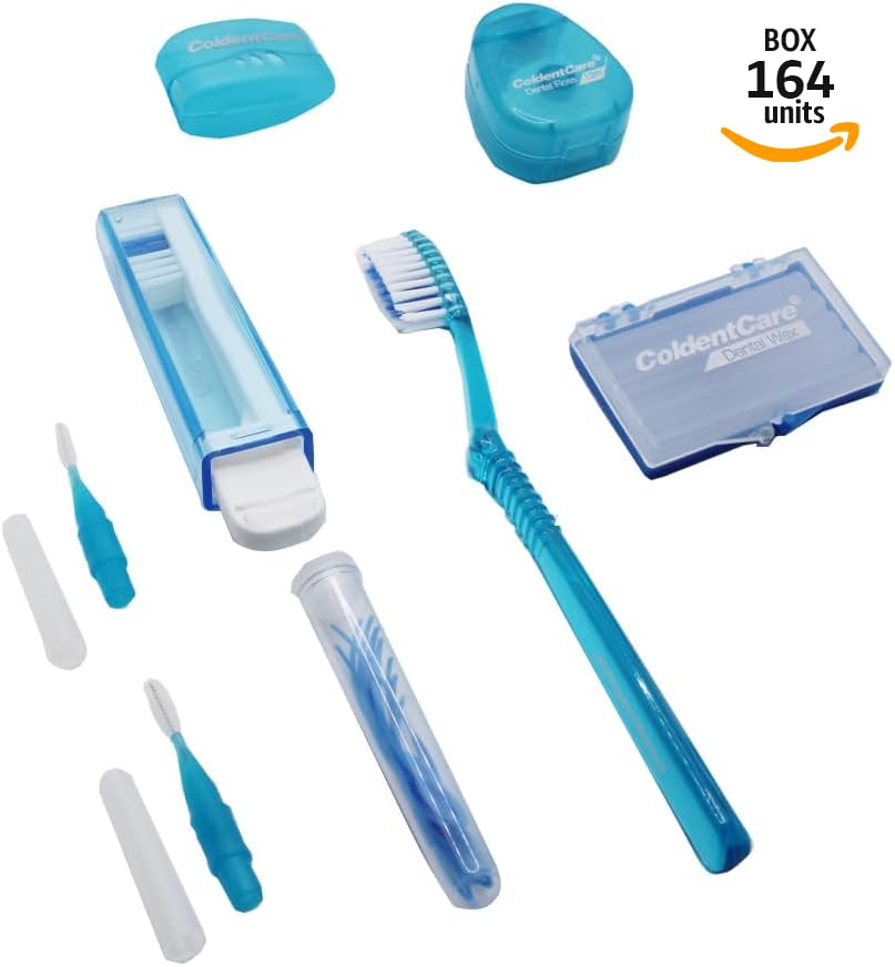 164 pcs Orthodontic Oral Care Kit for Cleaning Brackets Braces Coldentcare, includes Toothbrush and Cap, Travel Toothbrush, Dental Floss 12m, Dental wax, Floss threaders, Interdental Toothbrush. Box 164 units
