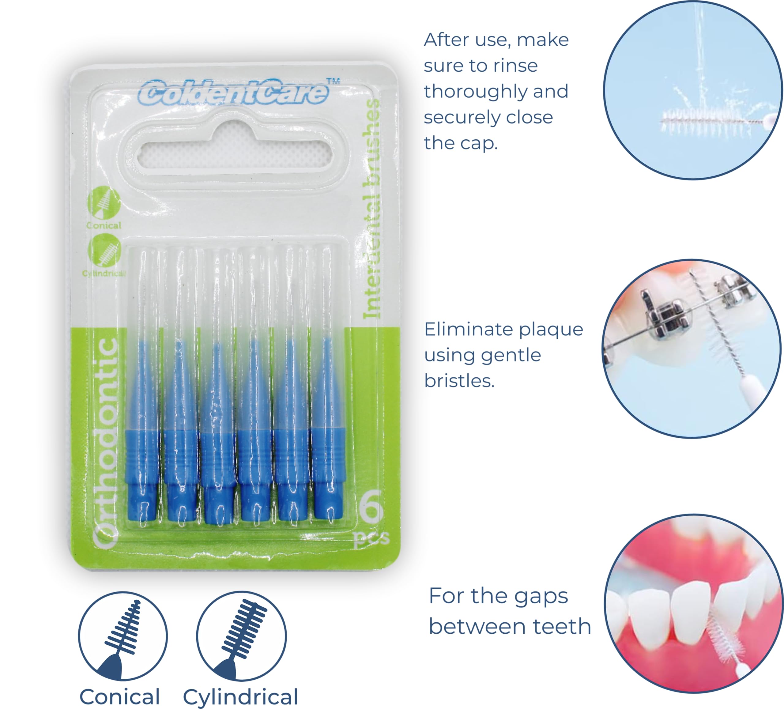 ColdentCare Orthodontic Interdental Toothbrush Dental Brush for Teeth Cleaning 4 Pack of 6, 3 Conical - 3 Cylindrical, Count 24 interdental Toothbrush Free Shipping