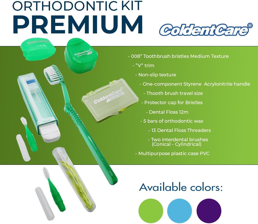 Orthodontic Oral Care Kit for Cleaning Brackets Braces, Includes Toothbrush and Cap, Travel Toothbrush, Dental Floss 12m, Dental Wax, Floss threaders, Interdental Toothbrush. Case (Blue)