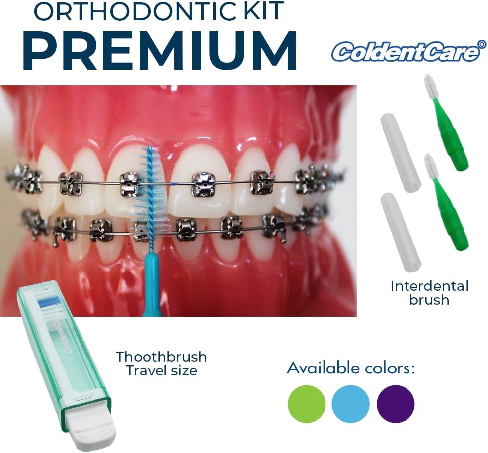 Orthodontic Oral Care Kit for Cleaning Brackets Braces, Includes Toothbrush and Cap, Travel Toothbrush, Dental Floss 12m, Dental Wax, Floss threaders, Interdental Toothbrush. Case (Blue)