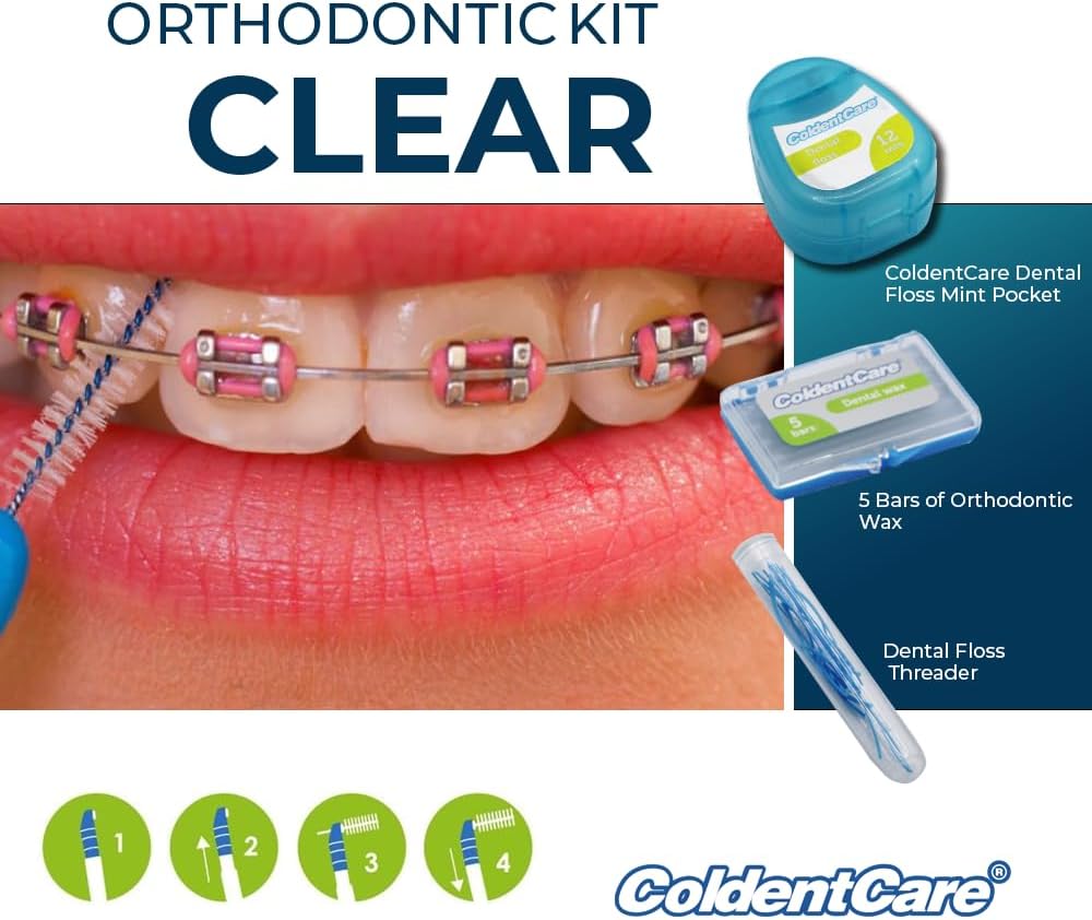 Orthodontic Kit Clear - Oral Care Set with Toothbrush, Protector Cap, Floss 12m, 5 Bars of Wax, 13 Floss Threaders, 3 interdental Brushes with case (Conical - Cylindrical), Case (Blue) Free Shipping