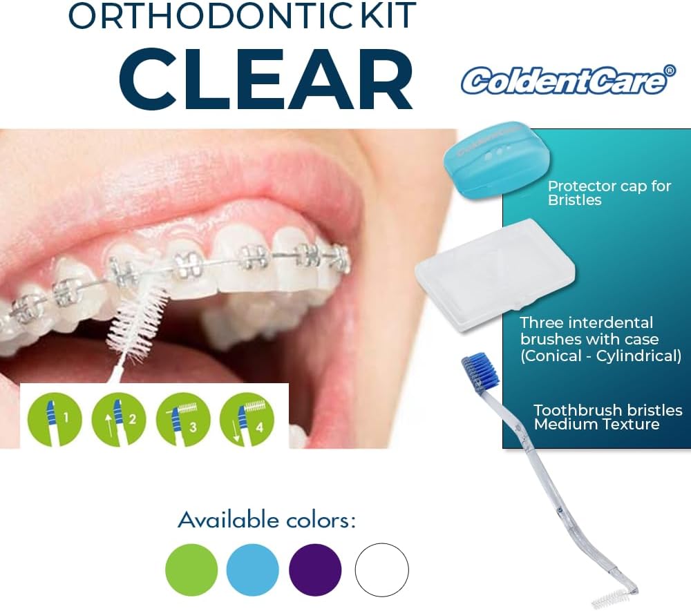 Orthodontic Kit Clear - Oral Care Set with Toothbrush, Protector Cap, Floss 12m, 5 Bars of Wax, 13 Floss Threaders, 3 interdental Brushes with case (Conical - Cylindrical), Case (Blue) Free Shipping