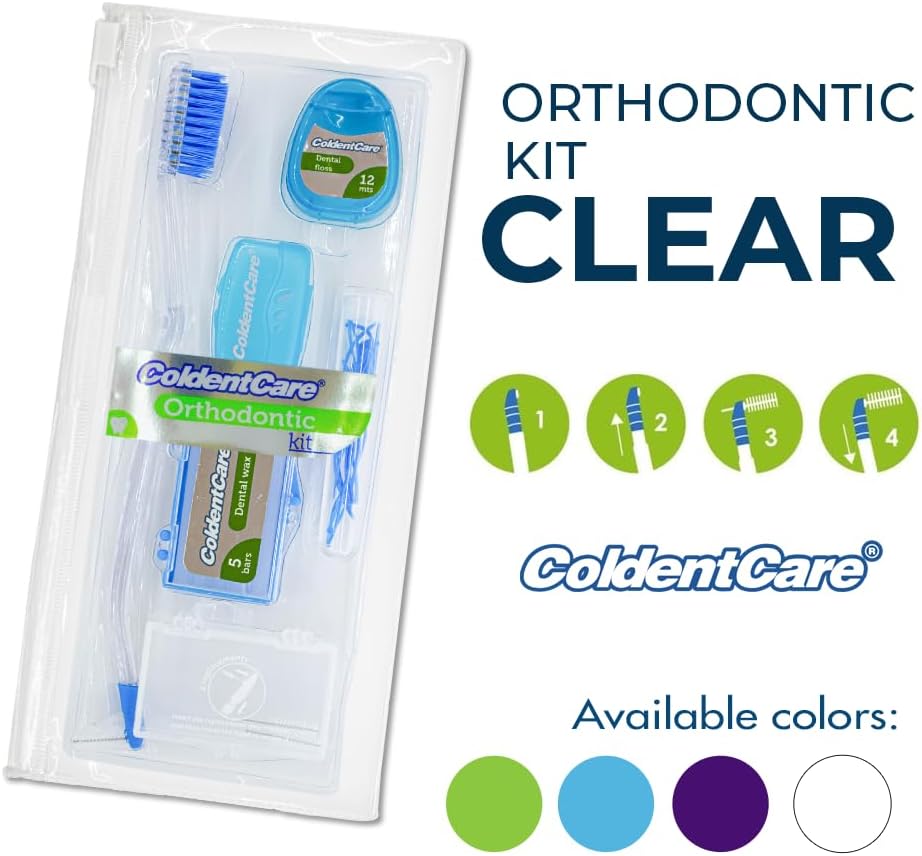Orthodontic Kit Clear - Oral Care Set with Toothbrush, Protector Cap, Floss 12m, 5 Bars of Wax, 13 Floss Threaders, 3 interdental Brushes with case (Conical - Cylindrical), Case (Blue) Free Shipping