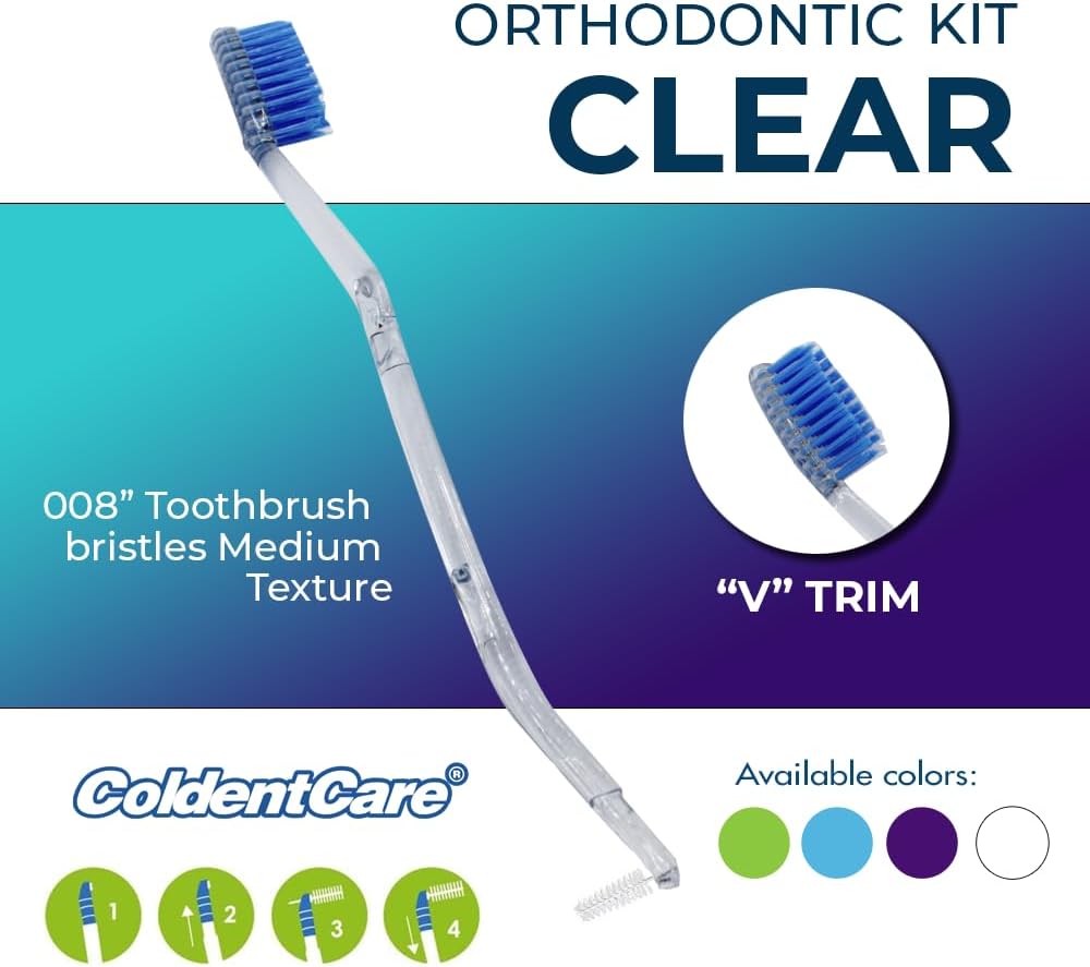 Orthodontic Kit Clear - Oral Care Set with Toothbrush, Protector Cap, Floss 12m, 5 Bars of Wax, 13 Floss Threaders, 3 interdental Brushes with case (Conical - Cylindrical), Case (Blue) Free Shipping