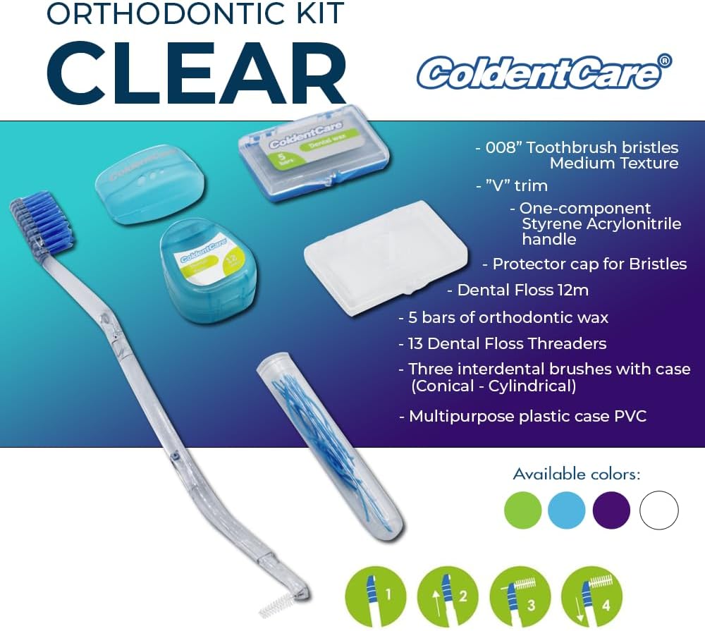 Orthodontic Kit Clear - Oral Care Set with Toothbrush, Protector Cap, Floss 12m, 5 Bars of Wax, 13 Floss Threaders, 3 interdental Brushes with case (Conical - Cylindrical), Case (Blue) Free Shipping