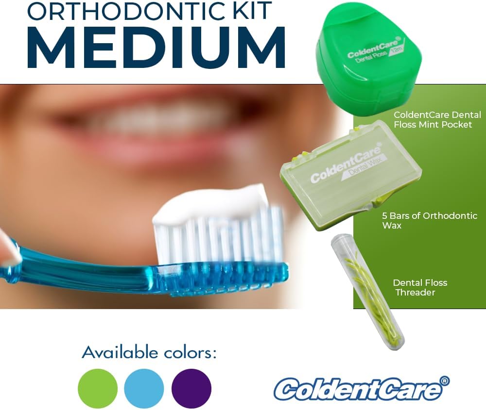 Orthodontic Oral Care Kit for Cleaning Brackets Braces, Includes Toothbrush and Cap, Travel Toothbrush, Dental Floss 12m, Dental Wax, Floss threaders, Interdental Toothbrush. Case (Blue)