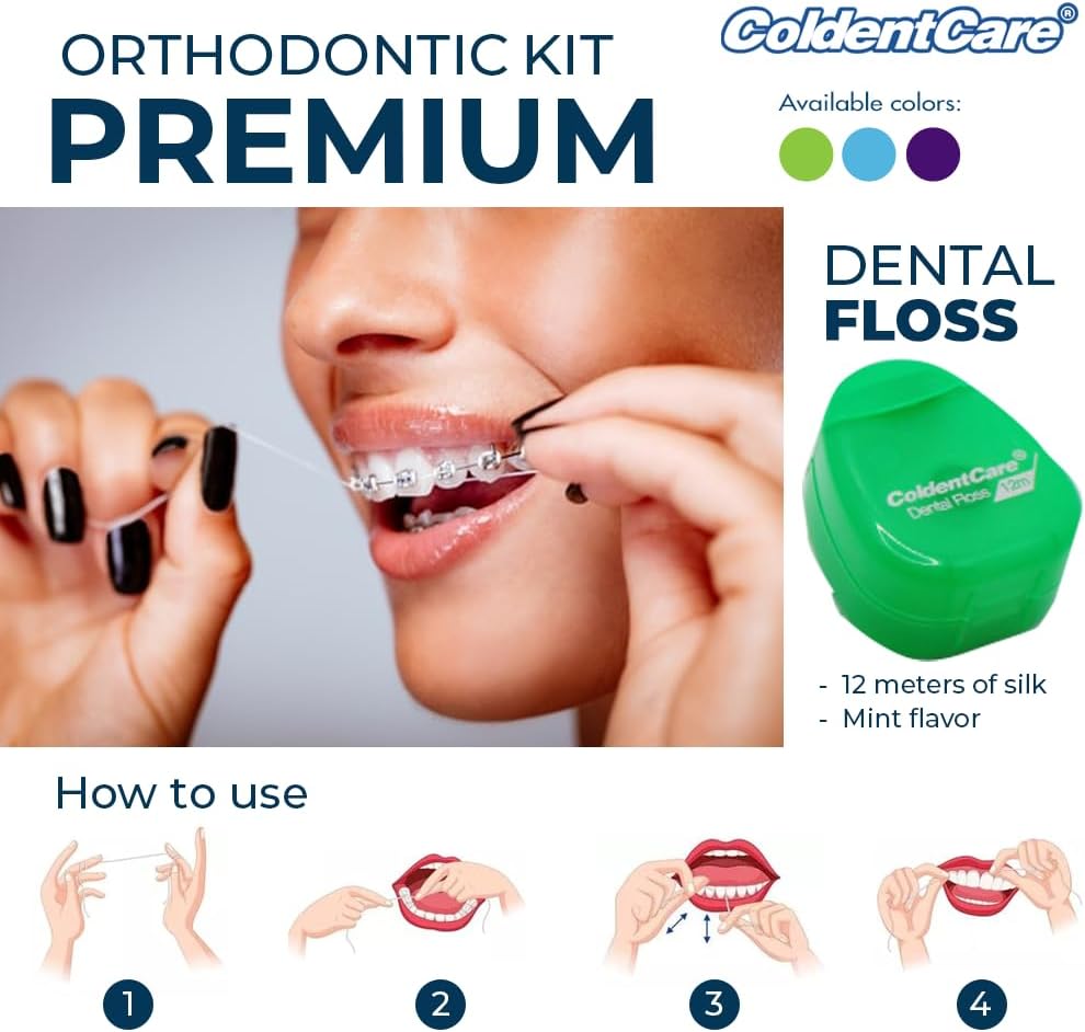 Orthodontic Oral Care Kit for Cleaning Brackets Braces, Includes Toothbrush and Cap, Travel Toothbrush, Dental Floss 12m, Dental Wax, Floss threaders, Interdental Toothbrush. Case (Blue)