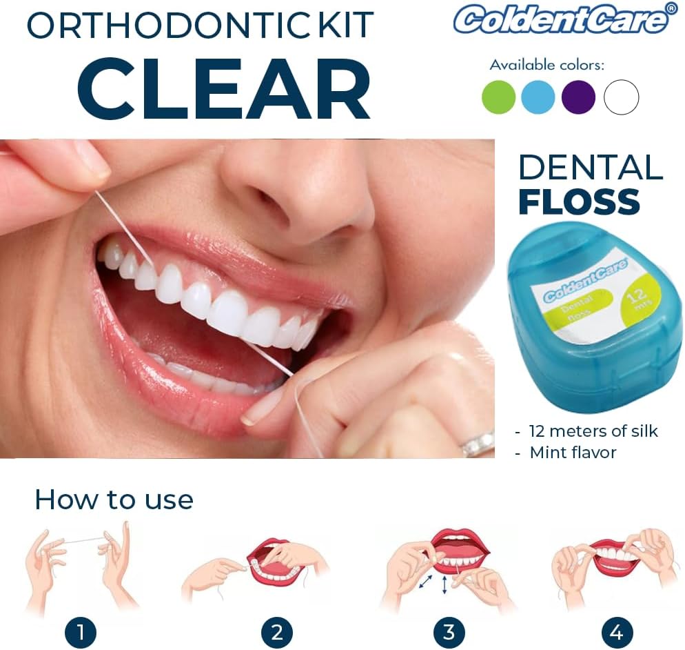 Orthodontic Kit Clear - Oral Care Set with Toothbrush, Protector Cap, Floss 12m, 5 Bars of Wax, 13 Floss Threaders, 3 interdental Brushes with case (Conical - Cylindrical), Case (Blue) Free Shipping