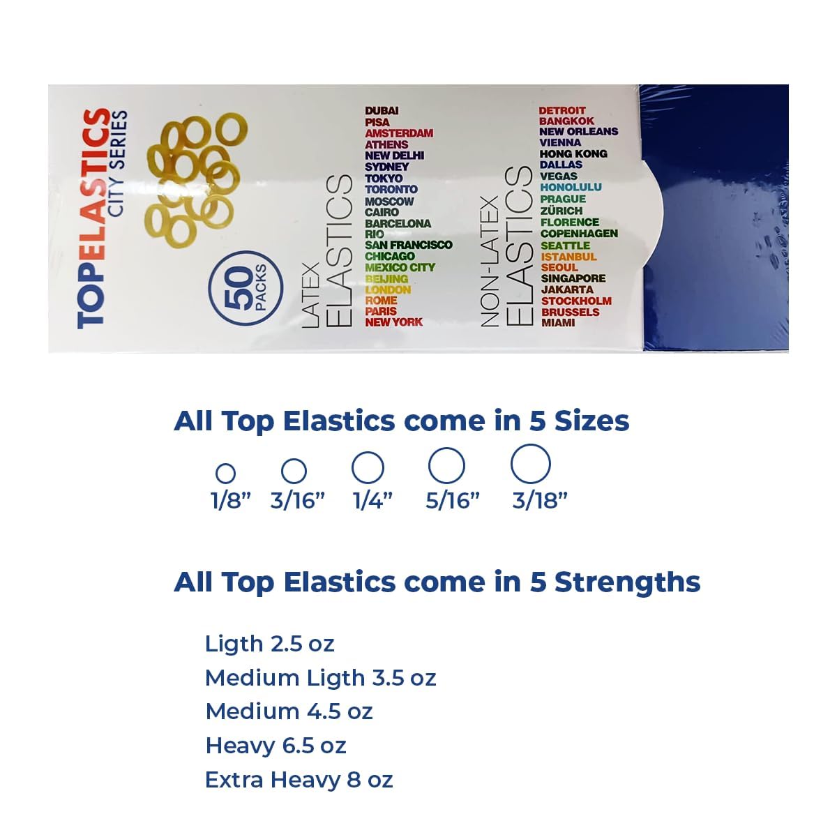 Orthodontic Intraoral Elastic - 50 bag x 100pcs - 3/16" X-Heavy 8oz - 5mm / Surgical latex SAN FRANCISCO, 5000 pcs per box, packaged in resealable poly bags - Made in USA - Orthodentalusa Corp.