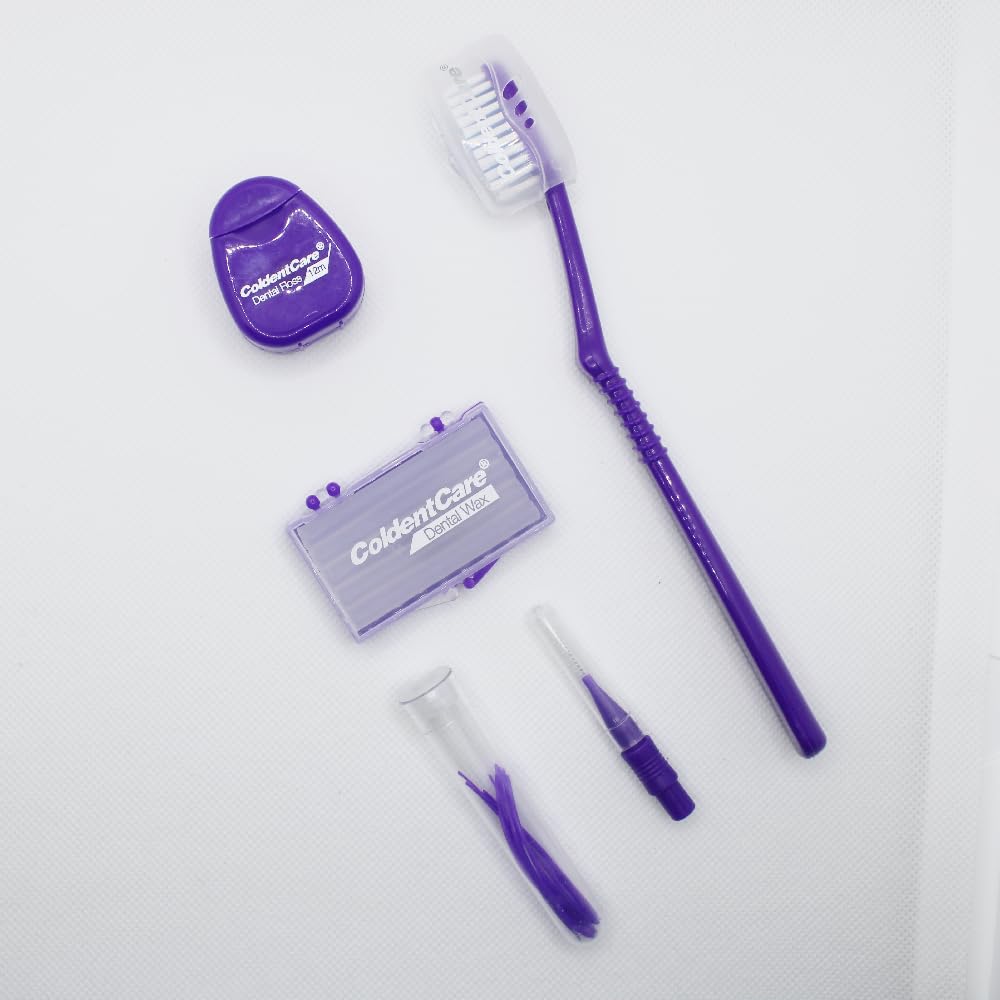 ColdentCare Orthodontic Kit Pocket - Compact and Complete Oral Care Set with Toothbrush, Floss, Wax, Threaders, Interdental Brush, and Case - Available in Clear, Blue, Green, Purple Free Shipping