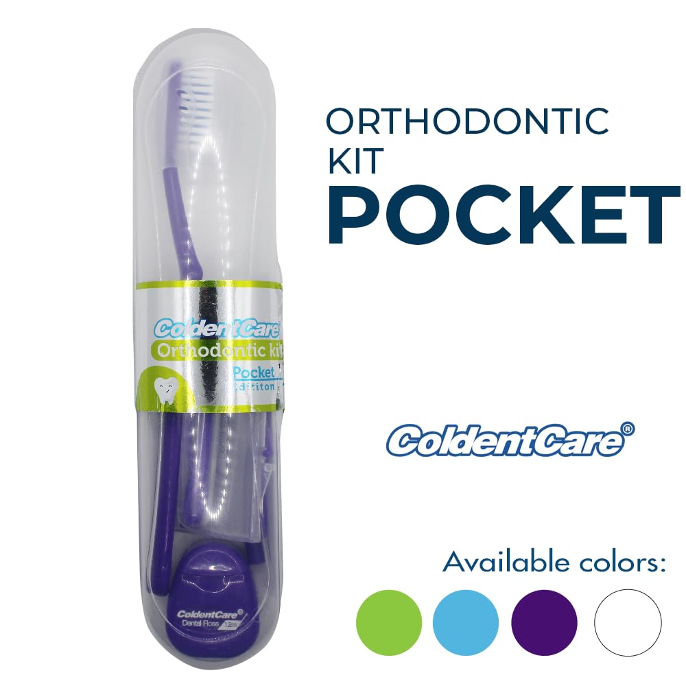 ColdentCare Orthodontic Kit Pocket - Compact and Complete Oral Care Set with Toothbrush, Floss, Wax, Threaders, Interdental Brush, and Case - Available in Clear, Blue, Green, Purple Free Shipping