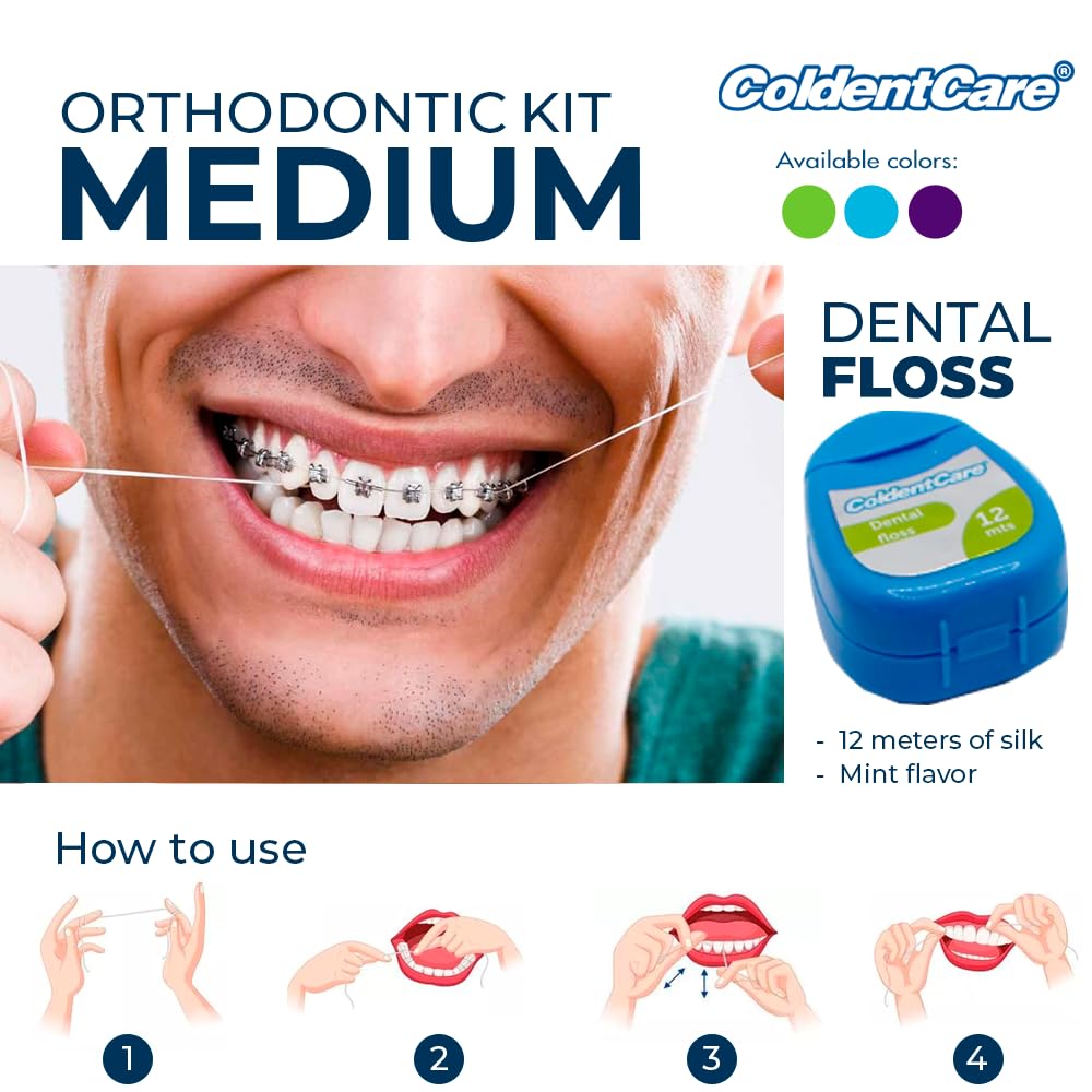 ColdentCare Braces Cleaning Kit for Teeth, Portable Orthodontic Toothbrush Kit Medium Oral Care Dental Travel Kit - Includes 2 Interdental Brush, 5 bars of orthodontic Dental Wax, 1 Dental Floss 12m, 13 Dental Floss Threader Multipurpose plastic case