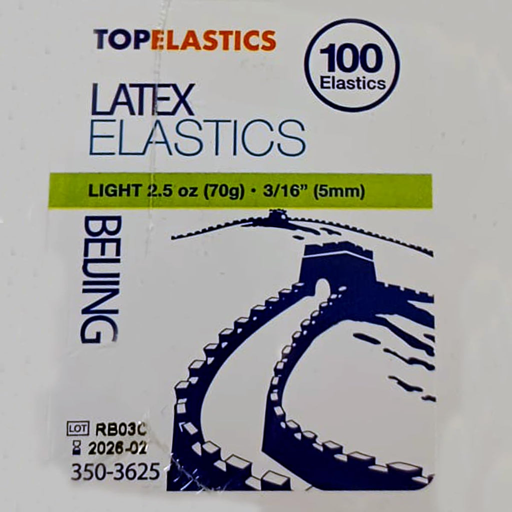 Orthodontic Intraoral Elastic - 50 bag x 100pcs - 3/16" Light 2.5oz - 5mm / Surgical latex BEIJING, 5000 pcs per box, packaged in resealable poly bags - Made in USA - Orthodentalusa Corp.