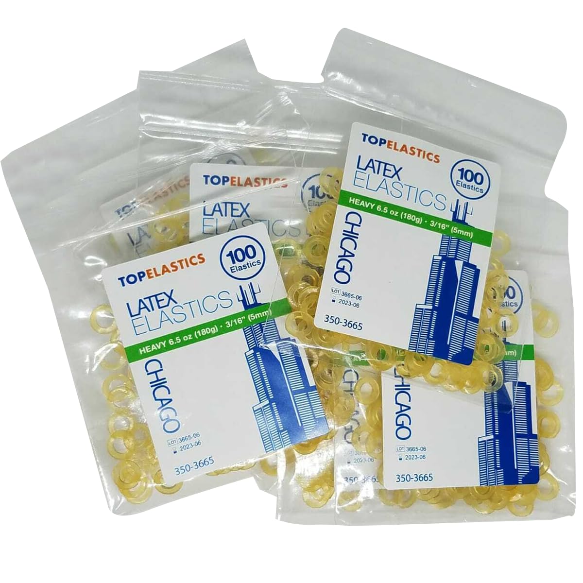 Orthodontic Intraoral Elastic - 50 bag x 100pcs - 3/16 Heavy 6.5oz - 5mm / Surgical latex CHICAGO, 5000 pcs per box, packaged in resealable poly bags - Made in USA - Orthodentalusa Corp.