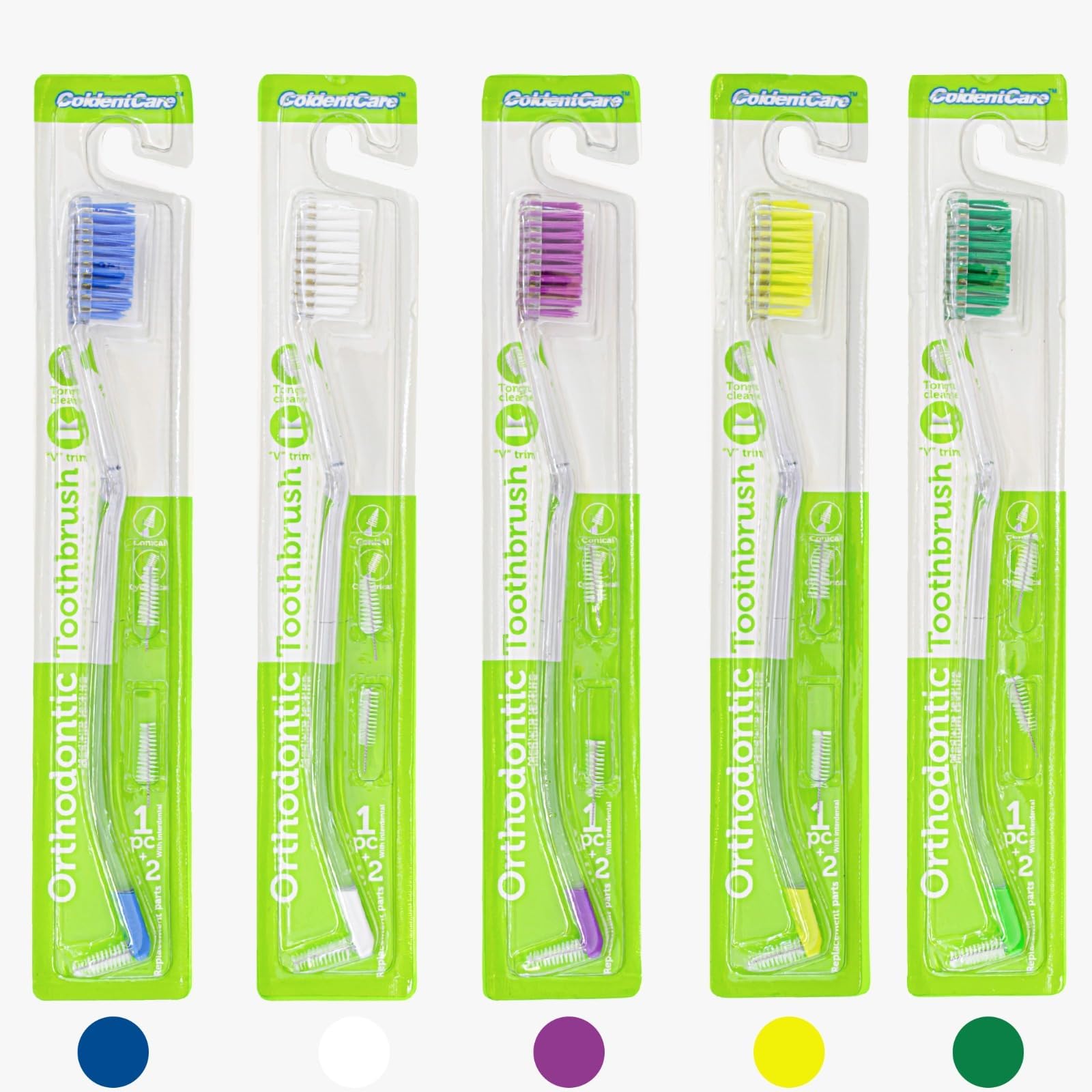ColdentCare Orthodontic V-Shaped Toothbrush - Medium Bristle, Tongue Cleaner, Interproximal Head Ideal for Ortho Braces Cleaning, Double Extreme Toothbrush,1 Count (Pack of 5)