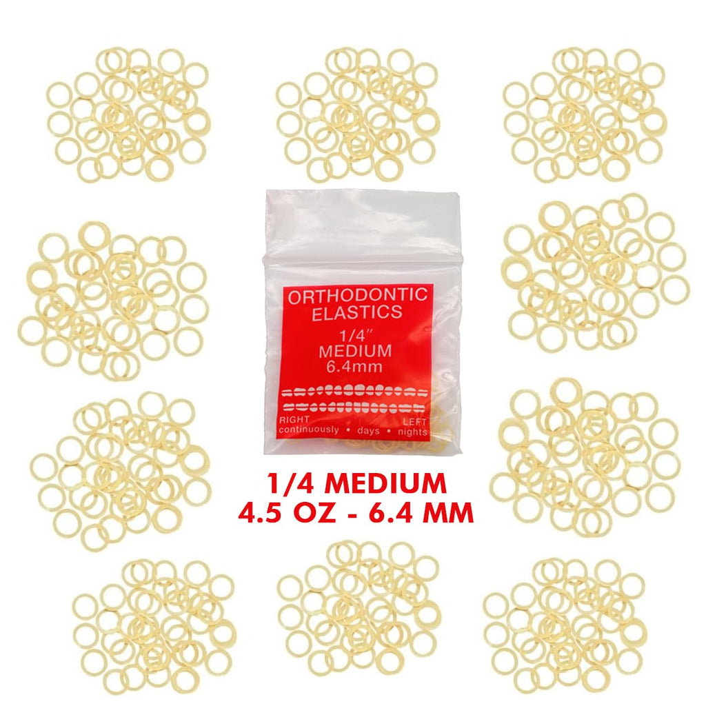 Orthodontic Intraoral Elastics - 10 bag x 100pcs - Medium 1/4" 4.5 oz – 6.4mm, Surgical Latex - 1000pcs, Dental natural material - Made in USA - Orthodentalusa Corp.