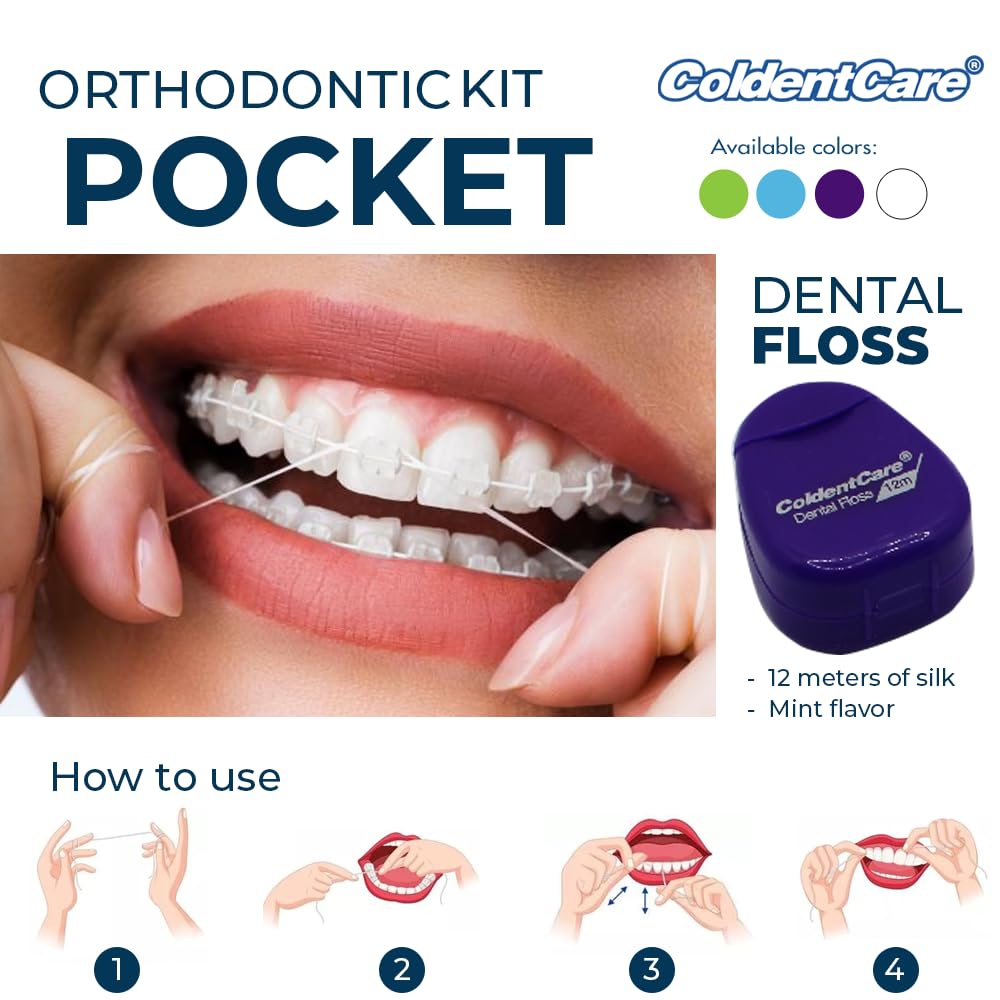 ColdentCare Orthodontic Kit Pocket - Compact and Complete Oral Care Set with Toothbrush, Floss, Wax, Threaders, Interdental Brush, and Case - Available in Clear, Blue, Green, Purple(Purple)