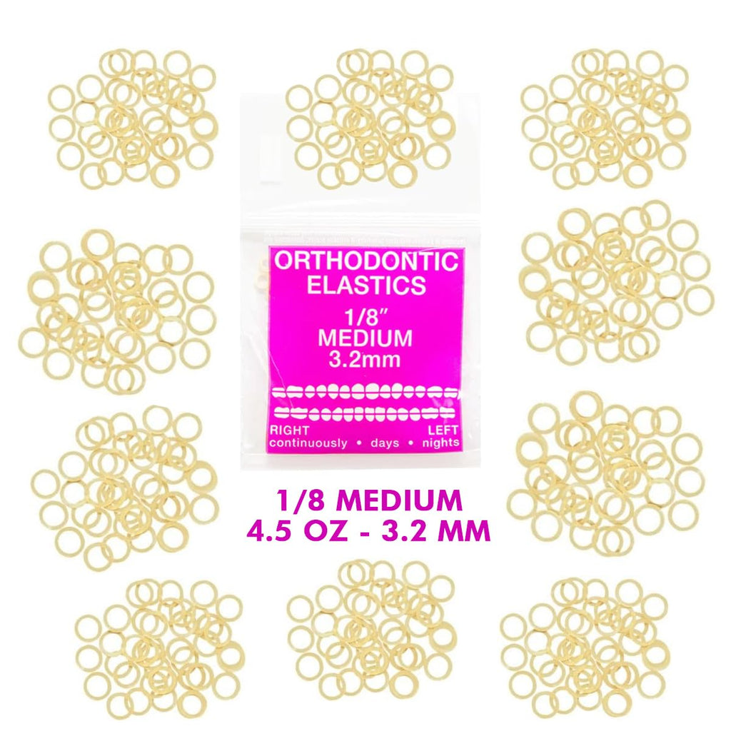 Orthodontic Intraoral Elastics - 10 bag x 100pcs - Medium 1/8" 4.5 oz – 3.2mm, Surgical Latex - 1000pcs, Dental natural material - Made in USA - Orthodentalusa Corp.