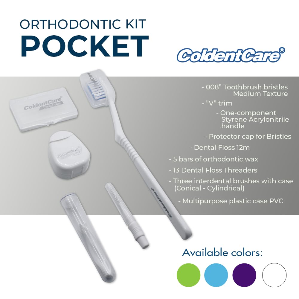 ColdentCare Orthodontic Kit Pocket - Compact and Complete Oral Care Set with Toothbrush, Floss, Wax, Threaders, Interdental Brush, and Case - Available in Clear, Blue, Green, Purple(Clear)