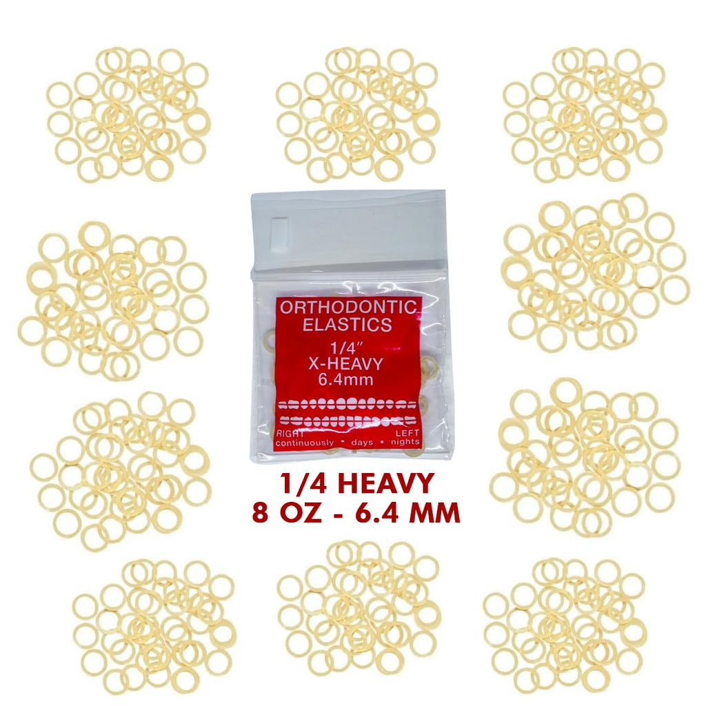 Orthodontic Intraoral Elastics - 10 bag x 100pcs - Extra Heavy 1/4" 8 oz – 6.4mm, Surgical Latex - 1000pcs, Dental natural material - Made in USA - Orthodentalusa Corp.