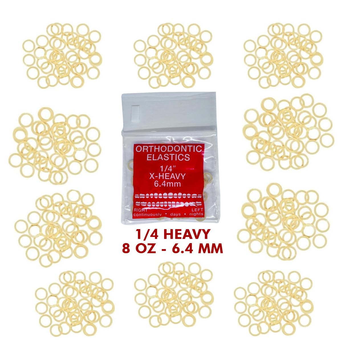 Orthodontic Intraoral Elastics - 10 bag x 100pcs - Extra Heavy 1/4" 8 oz – 6.4mm, Surgical Latex - 1000pcs, Dental natural material - Made in USA - Orthodentalusa Corp.
