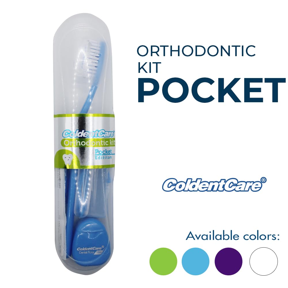 ColdentCare Orthodontic Kit Pocket - Compact and Complete Oral Care Set with Toothbrush, Floss, Wax, Threaders, Interdental Brush, and Case - Available in Clear, Blue, Green, Purple(Blue)