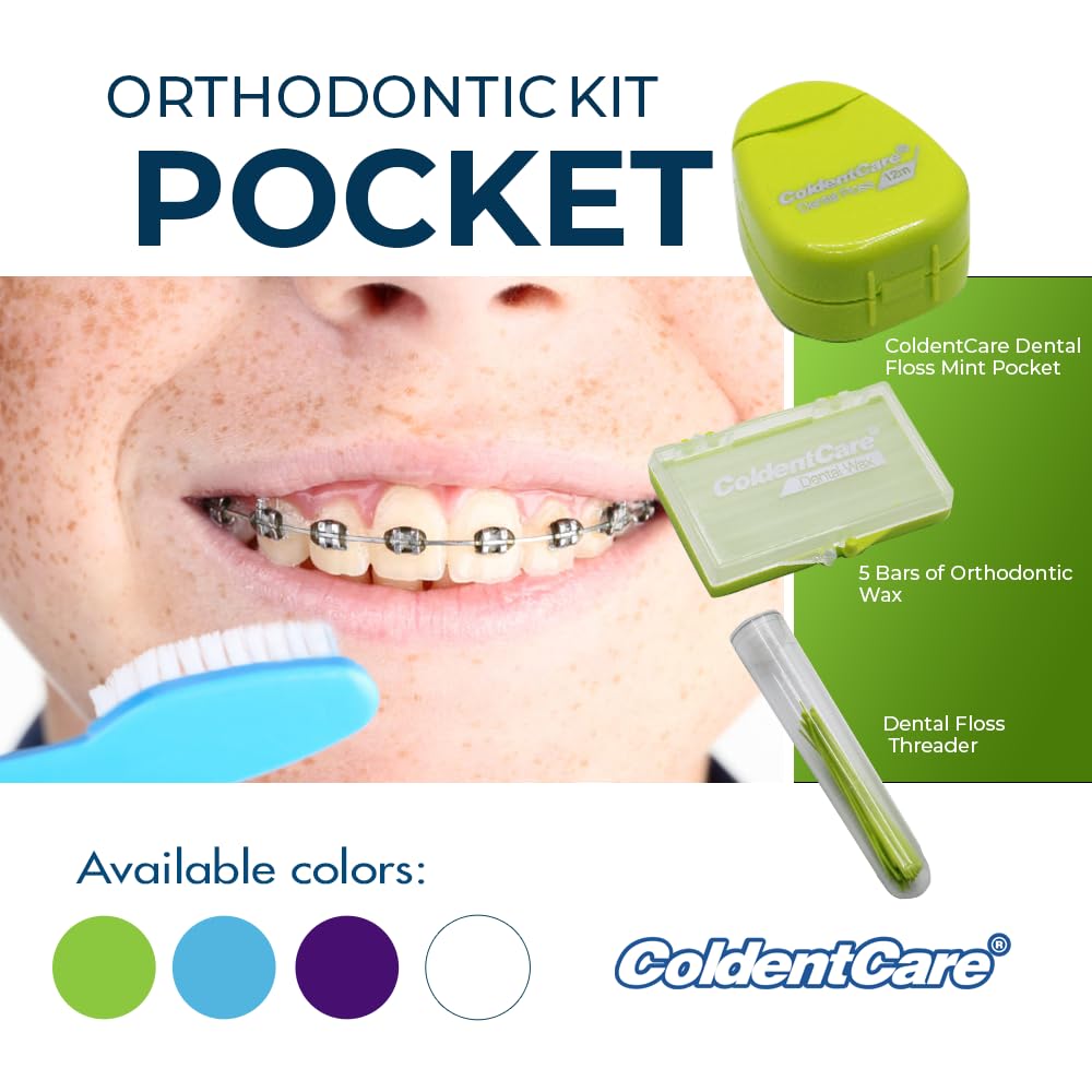 ColdentCare Orthodontic Kit Pocket - Compact and Complete Oral Care Set with Toothbrush, Floss, Wax, Threaders, Interdental Brush, and Case - Available in Clear, Blue, Green, Purple(Green)
