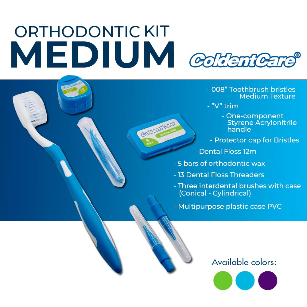 ColdentCare Braces Cleaning Kit for Teeth, Portable Orthodontic Toothbrush Kit Medium Oral Care Dental Travel Kit - Includes 2 Interdental Brush, 5 bars of orthodontic Dental Wax, 1 Dental Floss 12m, 13 Dental Floss Threader Multipurpose plastic case