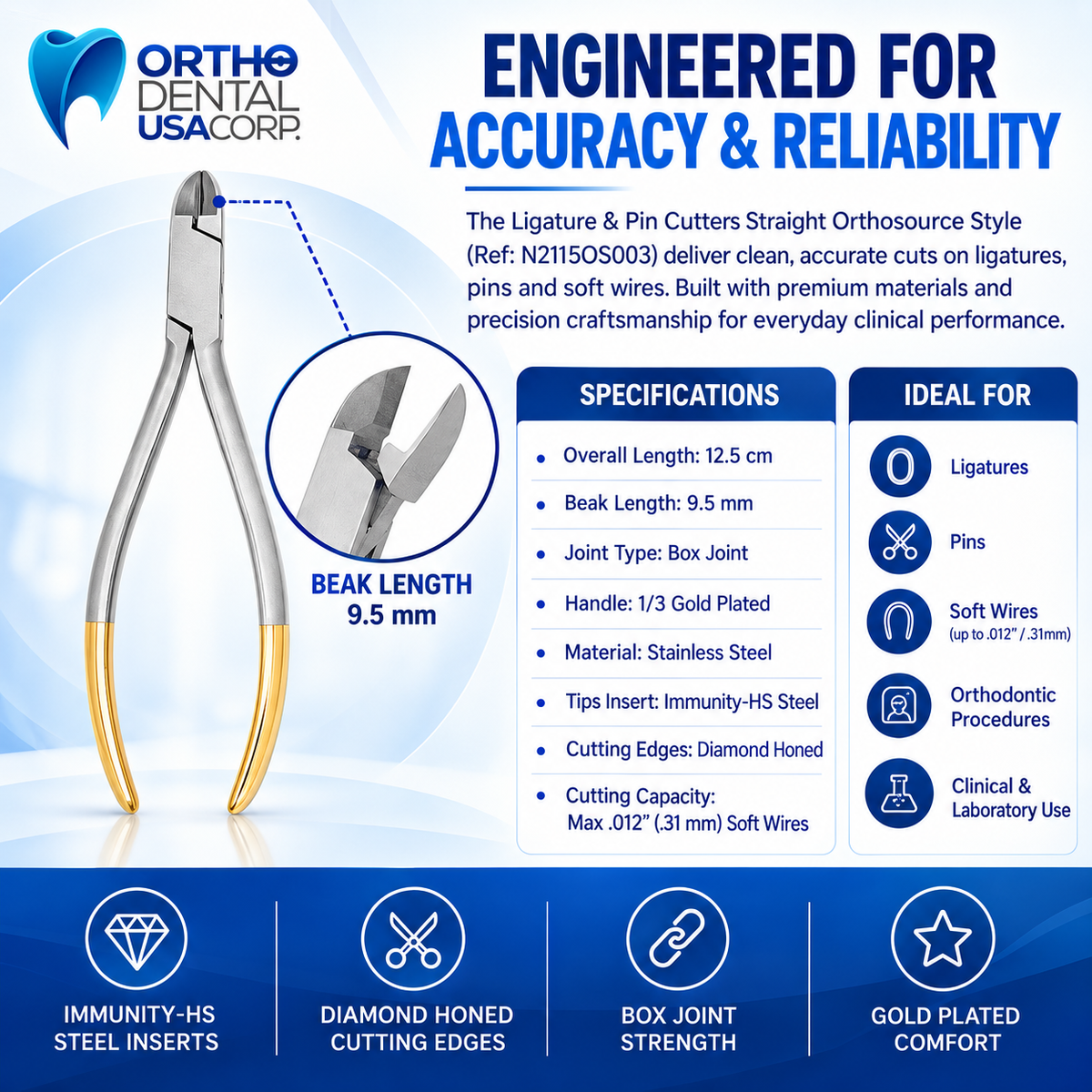 Ligature & Pin Cutters, Staight Orthosource Style Gold Handle
